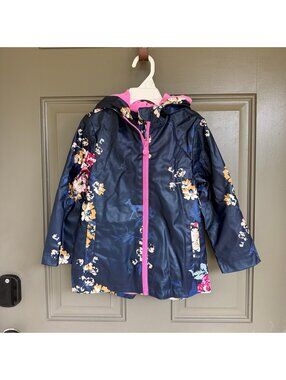 Joules Kids Raindance Waterproof Fleece Lined Floral Raincoat Navy Pink 5y